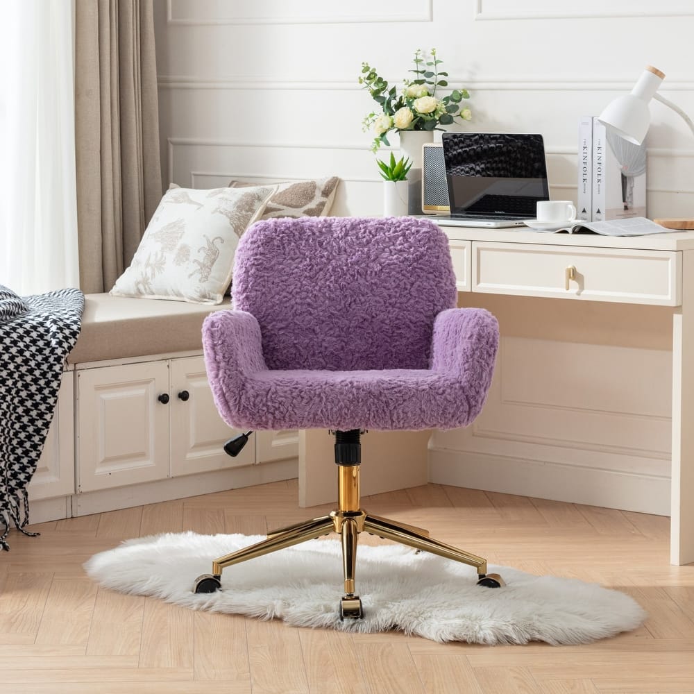 Roomfitters Faux Fur Office Chair, Adjustable Swivel Desk Chair with Gold Metal Base, Modern Vanity Accent Chair