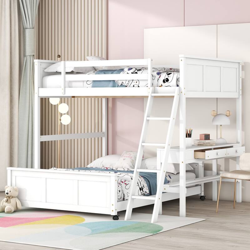 Bunk Bed with Built-in Desk and 2 Drawers, Wooden Separated High Loftbed and Platform Bedframe, for Kids Teens Adults Bedroom
