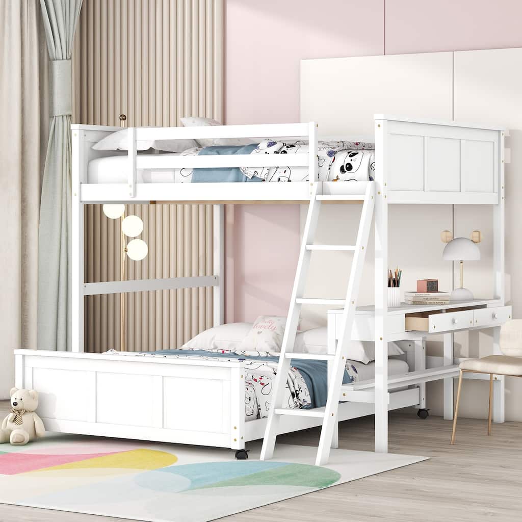 Full Over Full Bunk Bed, Platform Bed with Wheels, Loft Bed with Built-in Desk, Drawers, Ladder and Guardrail for Kids, Teen