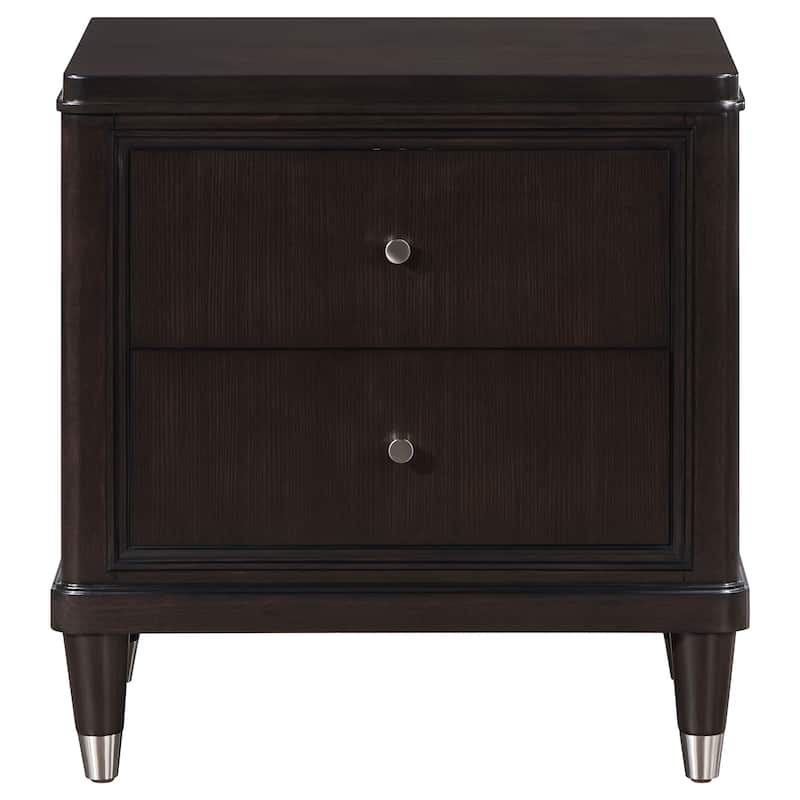 Amber Nightstand, 2 Drawers, Round Metal Knobs, Tapered Legs, Brown Wood