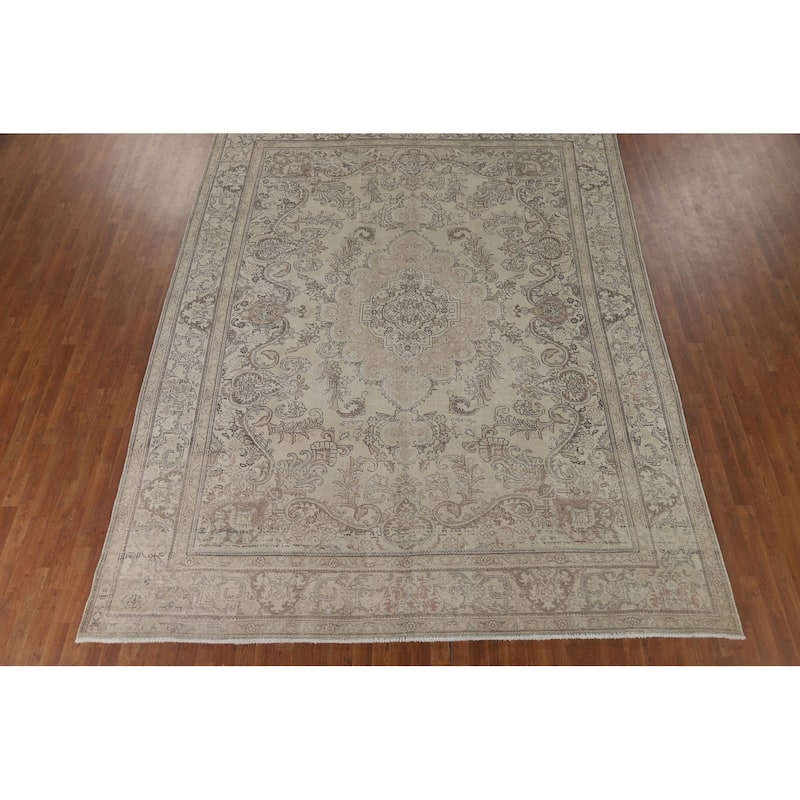 Muted Distressed Tabriz Vintage Persian Area Rug Handmade Wool Carpet - 9'7" x 12'5"