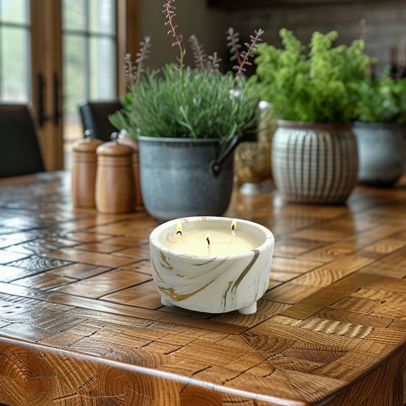 White and Gold Marbled Candle Bowl with Floral Scent 10 oz Home Design