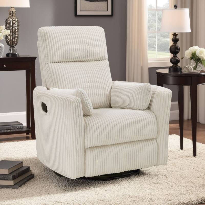 Rix Swivel Glider Recliner Chair w 2 Lumbar Pillows, Beige Corduroy