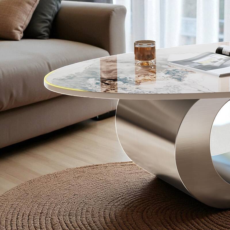 49.2" Oval Faux Marble Coffee Table with Stainless Steel Base, Modern Contemporary Center Accent Table