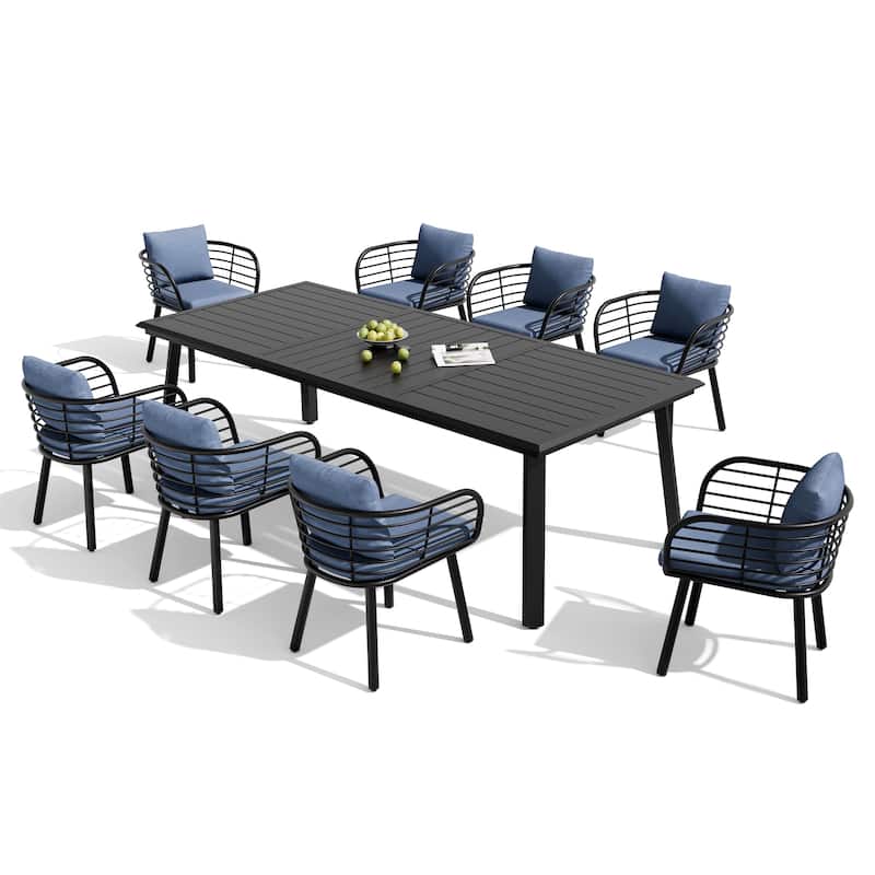 9-PC Outdoor Patio Aluminum Dining Set Table With Dining Chairs Sunbrella Seat&Back Cushions Umbrella Hole - Table-Black&Chairs-SpectrumDenim