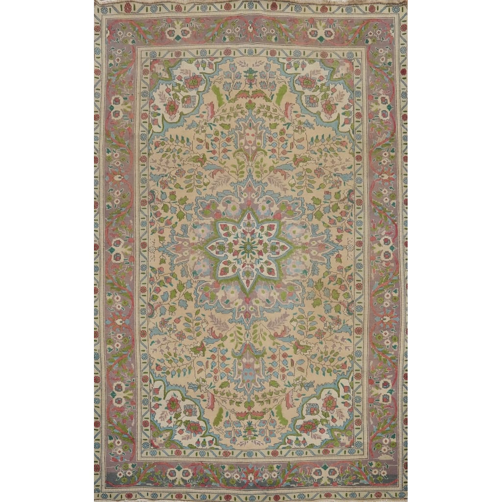 Hand Knotted Oriental 100% Wool Carpet Traditional Floral Beige & Ivories Tabriz Area Rug - 9' 9'' X 6' 5''