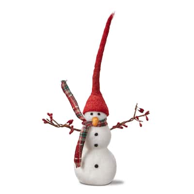 Small Snowman Figurine with Branch Arms Decorative Object for Christmas Multicolor Wool 12 in H x 2.75 in L x 2.75 in W
