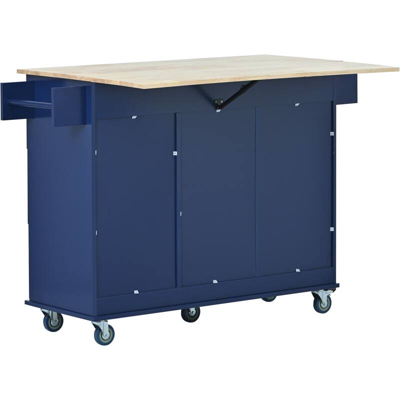 Kitchen Island on Locking Wheels, Drop Leaf Breakfast Bar with Solid Wood Top, Mobile Cart with Spice Rack, 2 Doors & 3 Drawers