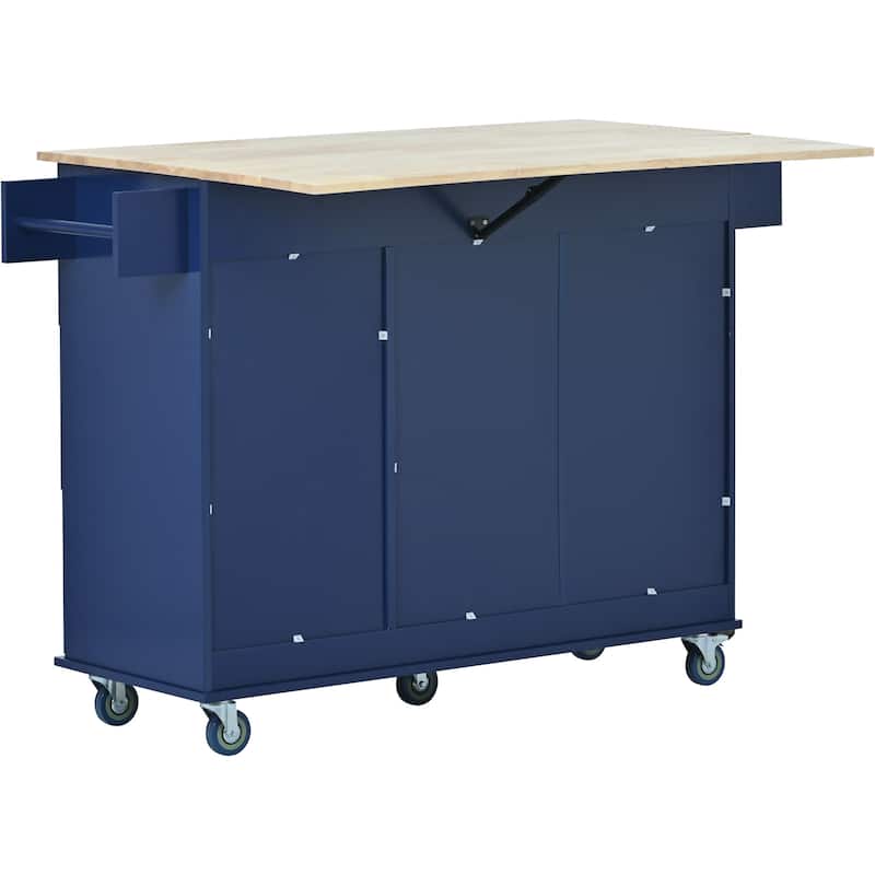 Mobile Kitchen Island with Folding Panels, Locking Wheels and Storage Cabinets, for Kitchen (Dark Blue)