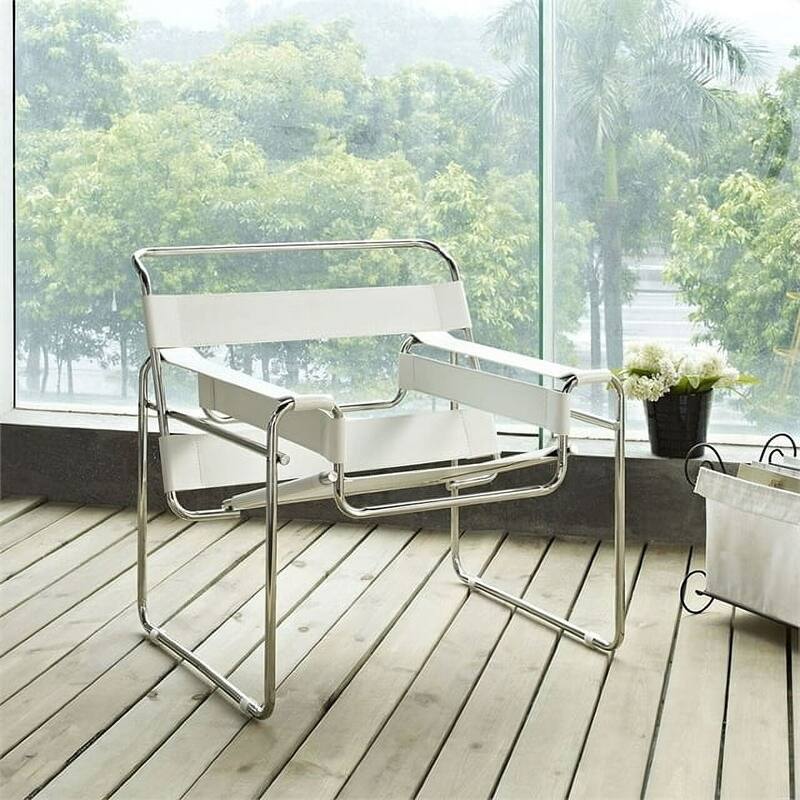 Momei Mid-Century Modern Saddle Leather Accent Chair with Stainless Steel Chair Leg - White