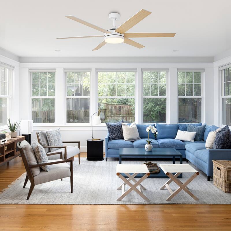 60-in White Wooden Reversible Remote Large Coastal Ceiling Fan with Light