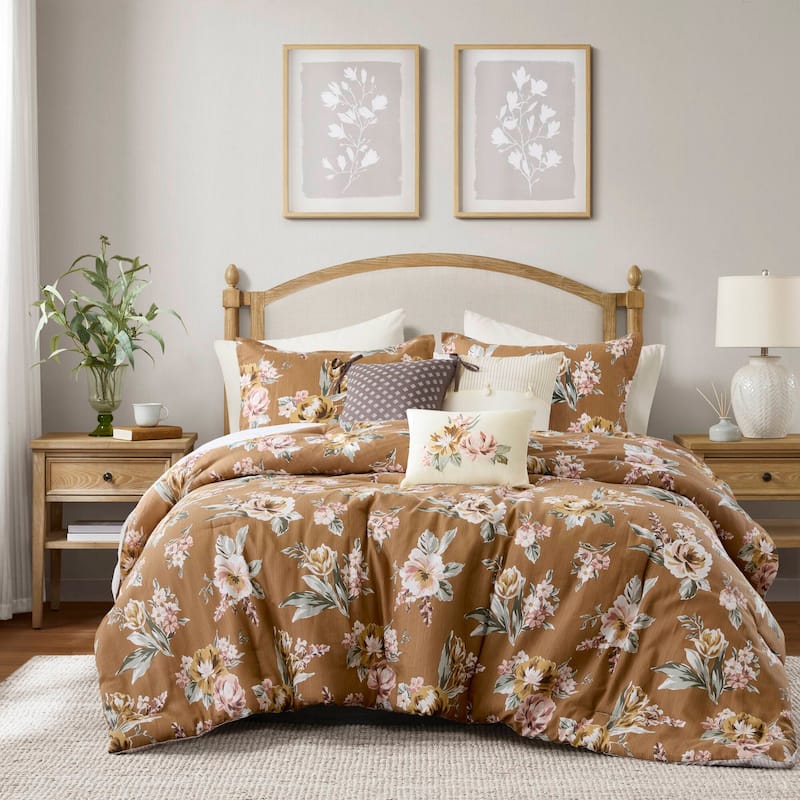 Madison Park Salara 7 Piece Vintage Floral Comforter Set - Queen - Terracotta