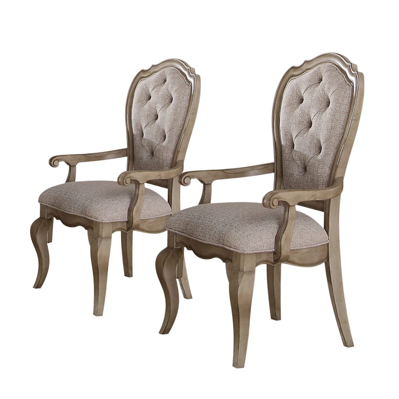 HomeRoots Set of Two Tufted Beige and Taupe Upholstered Fabric And Solid Wood Dining Arm Chairs