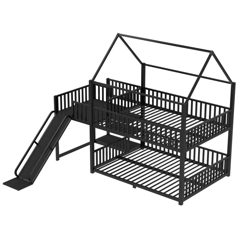 Modern Metal House Bunk Bed with Safety Guardrails, Heavy Duty Metal House Bed Frame with Storage Shelves and Slide