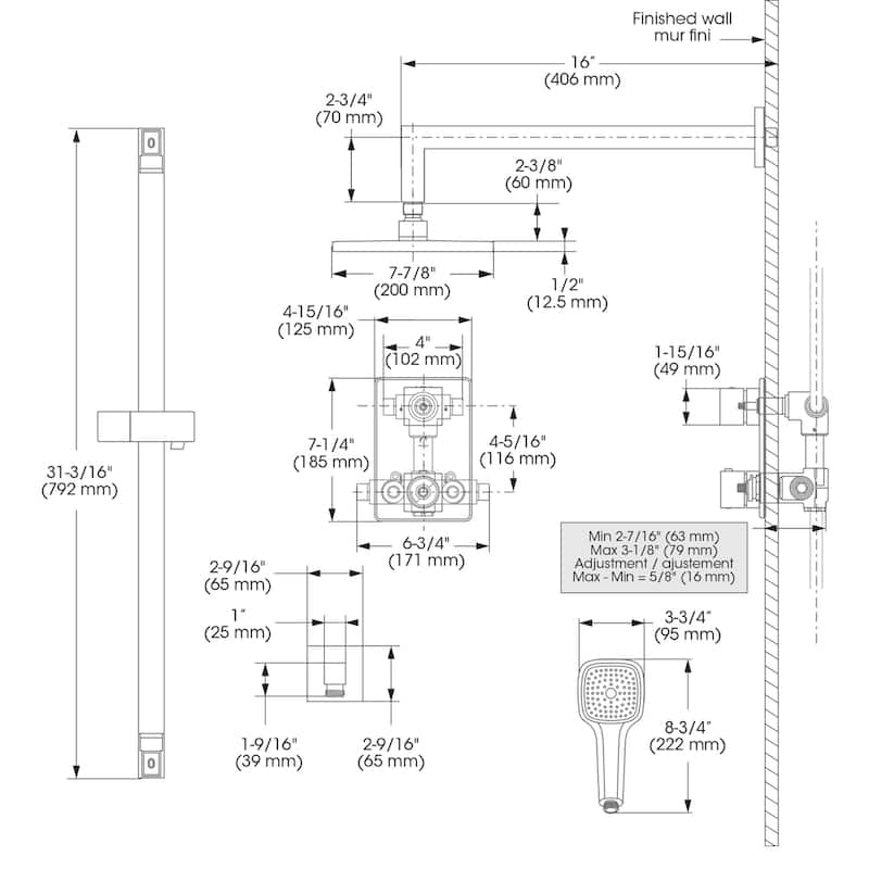Belanger Quadrato Thermostatic Wall Shower Kit from Wall
