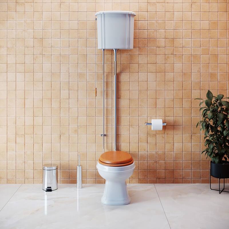 Light Oak Wooden High Tank Toilet Raised Tank, White Elongated Bowl and Satin L Pipe