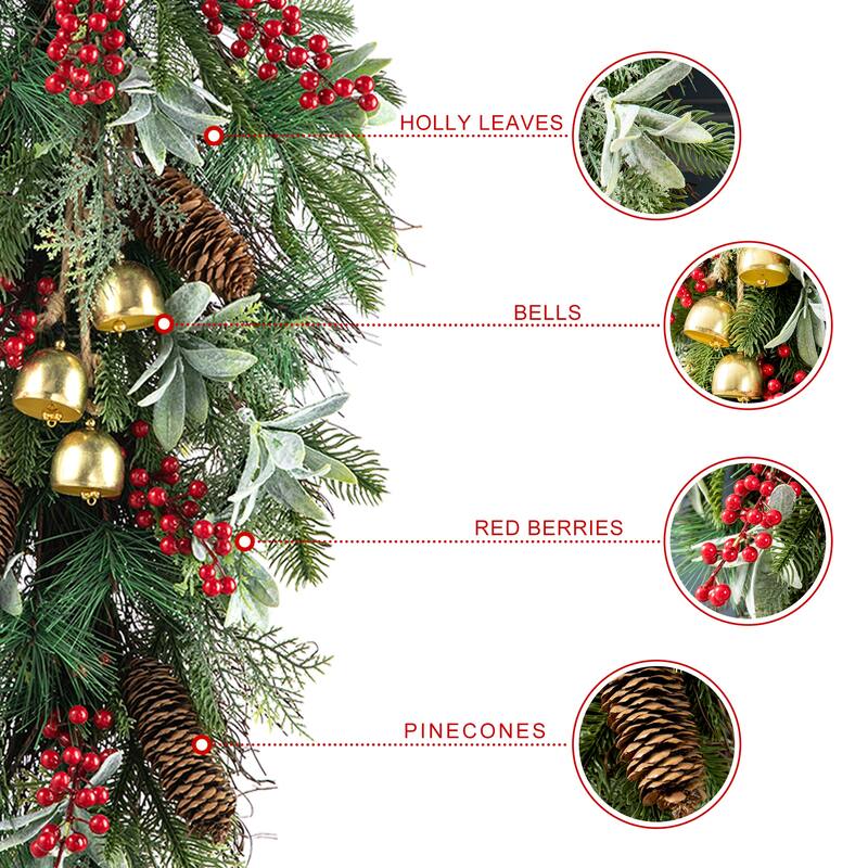 Glitzhome Christmas Berry Bow Pinecone Bell Holy Leaf Teardrop Swag Xmas Wreath