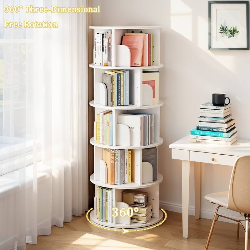 Rotating Bookshelf, 360 Display 5 Tier, Floor Standing Bookcase Storage Rack, Wood Narrow Book Shelf Organizer