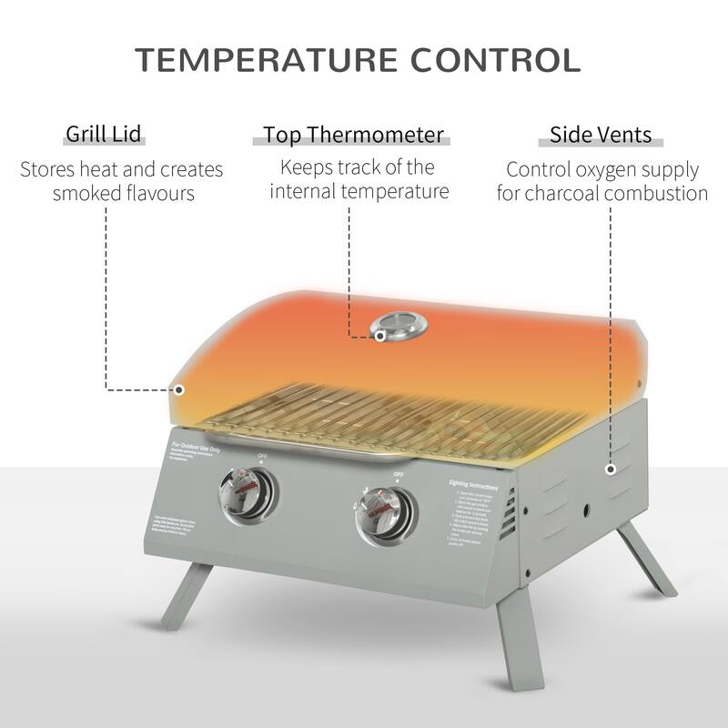 2 Burner Propane Gas Grill Outdoor Portable Tabletop BBQ with Foldable Legs Lid Thermometer, for Camping Picnic, Backyard