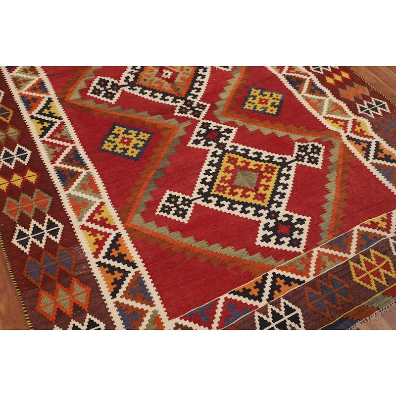 Kilim Qashqai Persian Vintage Rug Flatweave Oriental Red Wool Carpet - 5'0"x 8'2"
