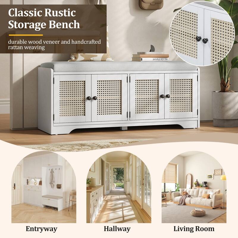 Rustic 47.4" Storage Bench Multifunctional Wooden Entryway Organizer with Removable Cushion and Rattan Doors