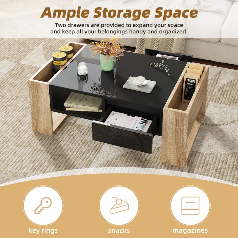 Roomfitters Modern High Gloss Coffee Table with Open Shelf, Practical Rectangle Center Table with Hidden Storage