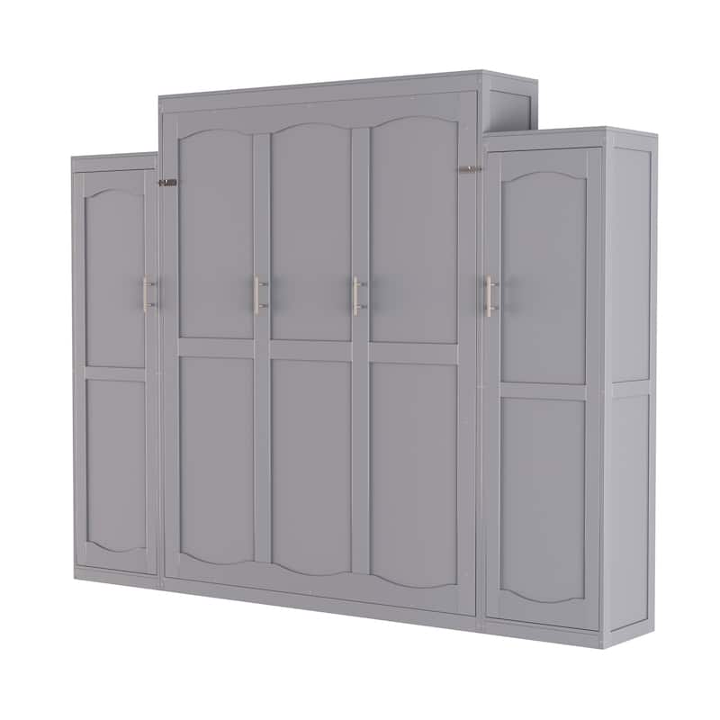 Queen Size Wood Murphy Bed with 2 Wardrobe and Storage Shelf