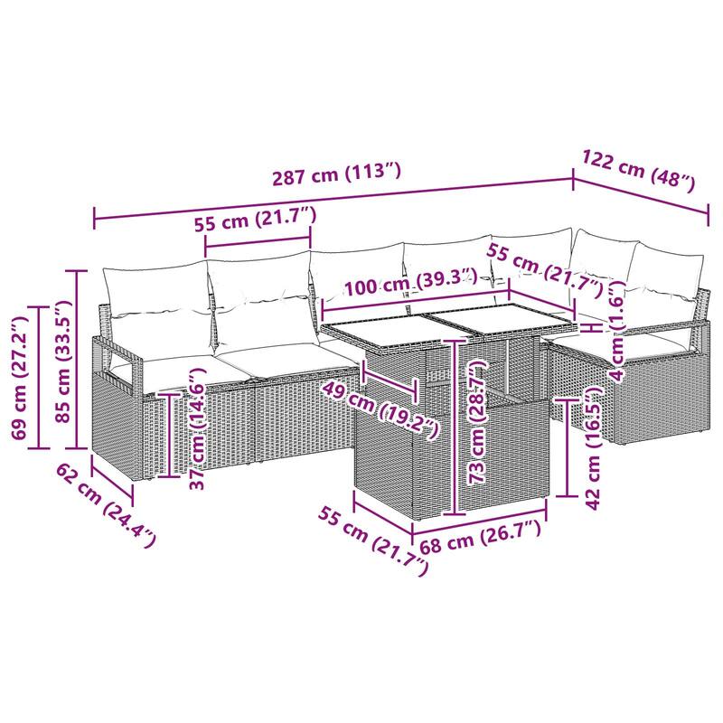 vidaXL 7 Piece Garden Sofa Set with Cushions - 113×48×27.2