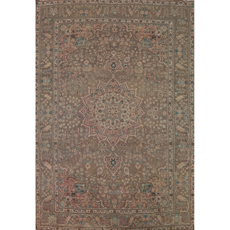 Brown Medallion Tabriz Persian Vintage Rug Hand-Knotted Wool Carpet - 8'2"x 11'5"