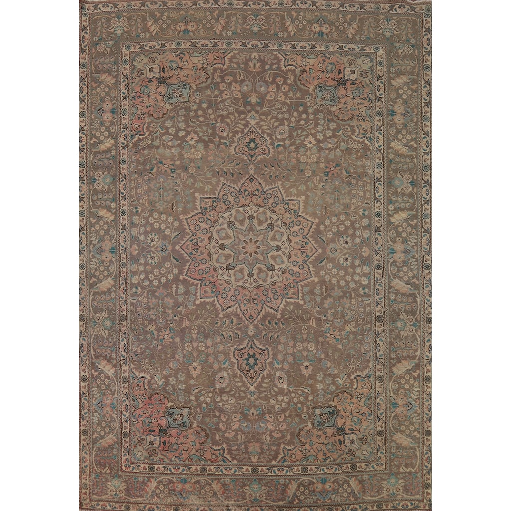 Brown Medallion Tabriz Persian Vintage Rug Hand-Knotted Wool Carpet - 8'2"x 11'5"