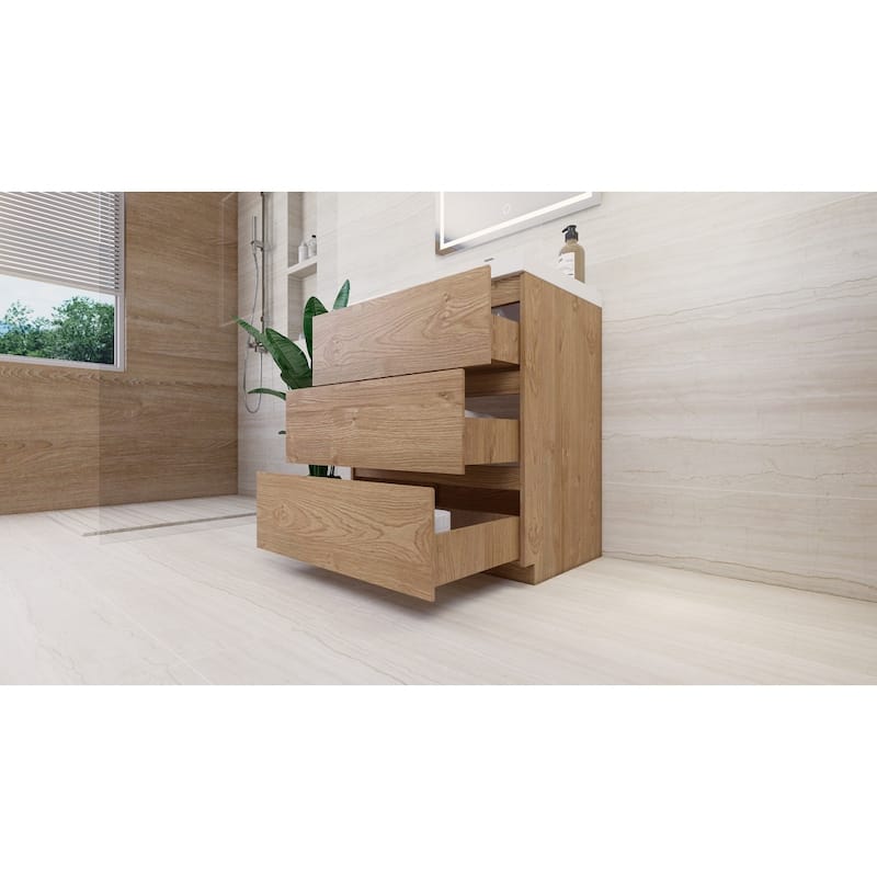 Angeles 30 natural oak finish freestanding bath vanity with single basin reinforced acrylic top