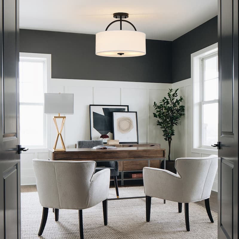 Contemporary 2-Light White Linen Drum Semi Flush Light 15in Wide - Black