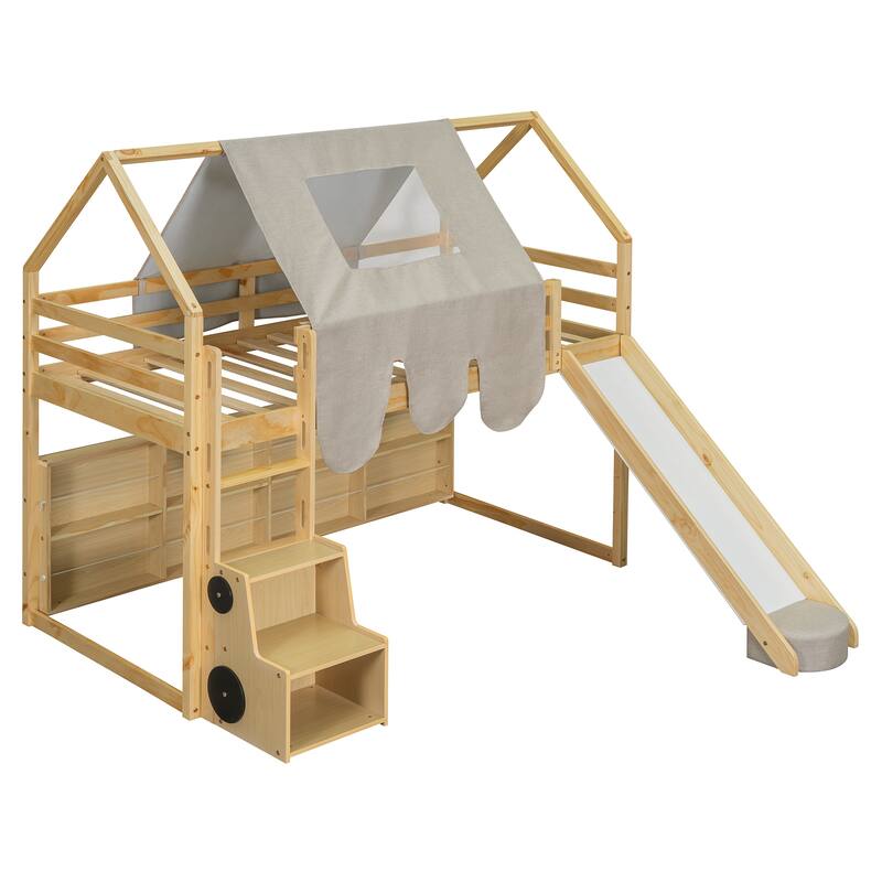 House-shaped Twin Loft Bed with Tent, Slide, and Storage in Natural+Beige