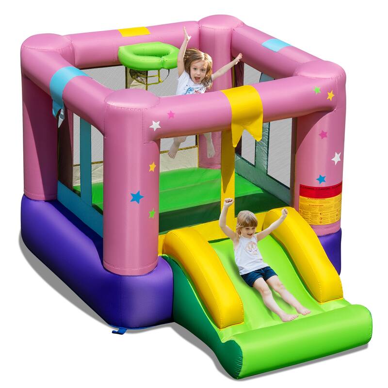 Multi-Color Outdoor and Indoor Kids Inflatable Bounce House with Slide Basketball Hoop and Safety Mesh