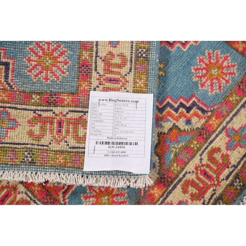 Light Blue Geometric Kazak Foyer Rug Traditional Handmade Wool Carpet - 2'0" x 3'0"