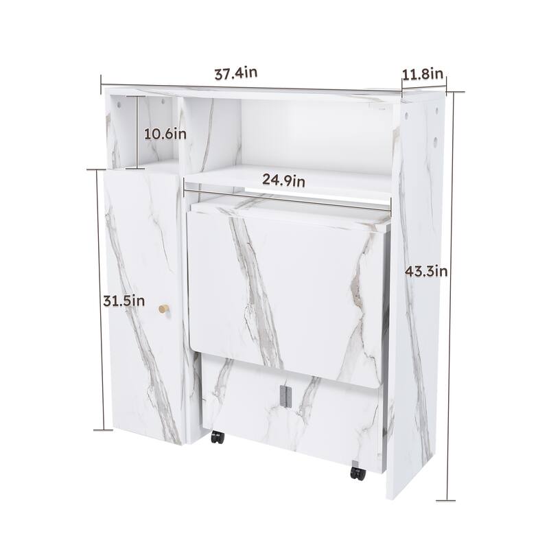 Folding Dining Table and Storage Sideboard with Charging Station， Multifunctional Space-Saving Kitchen Table with Wheels