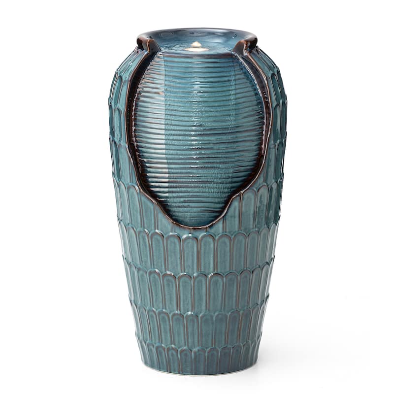 Glitzhome 28"H Oversized Petals Textured Ceramic Jar Outdoor Waterfall Fountain