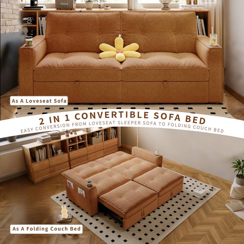 Multi-Functional Corduroy Loveseat Couch Convertible Sleeper Sofa Bed with Cup Holders and Side Pockets for Sitting, Sleeping