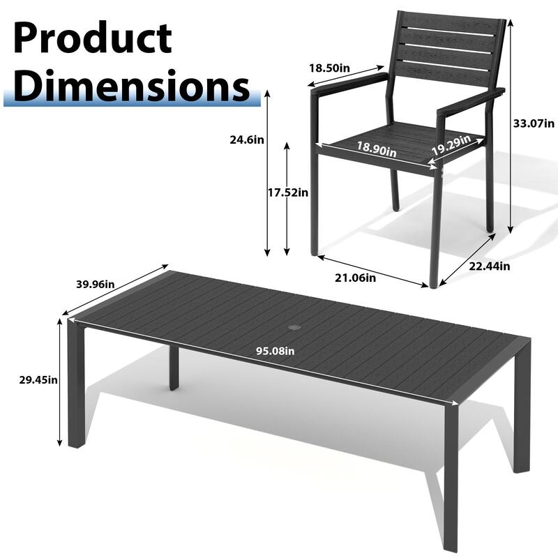 9-PCOutdoor Patio Dining Set WoodLike Table Top Aluminum Rectangular Umbrella Hole Table with Stackable Armrest Dining Chairs