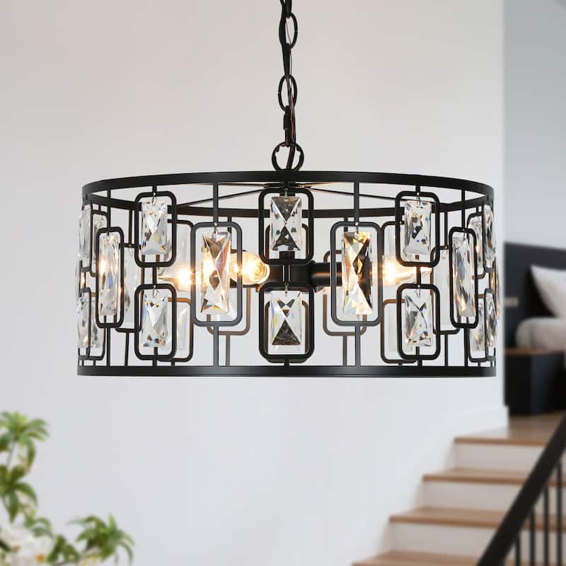 Dana Modern 4-Light Crystal Black Drum Chandelier for Dining Room Foyer - D16.5"* H9.5"