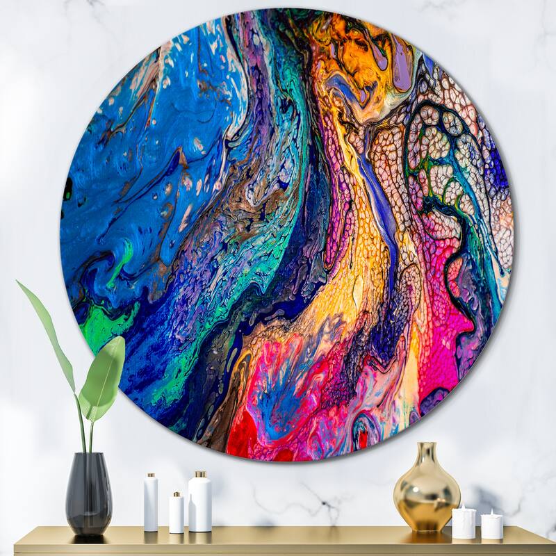 Designart 'Red Blue And Yellow Marble Art Universe' Modern Metal Circle Wall Art - 36x36 - Disc of 36 Inch
