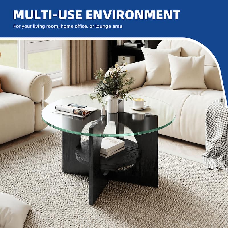 Moasis Round 2-Tier Glass Top Coffee Table