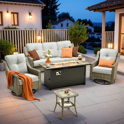 XIZZI 5-Piece Wicker Patio Furniture Set with Sofa, Swivel Chairs & Fire Pit