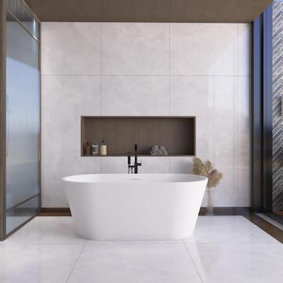 63 Inch Solid Surface Stone Resin Freestanding Soaking Bathtub in Matte White