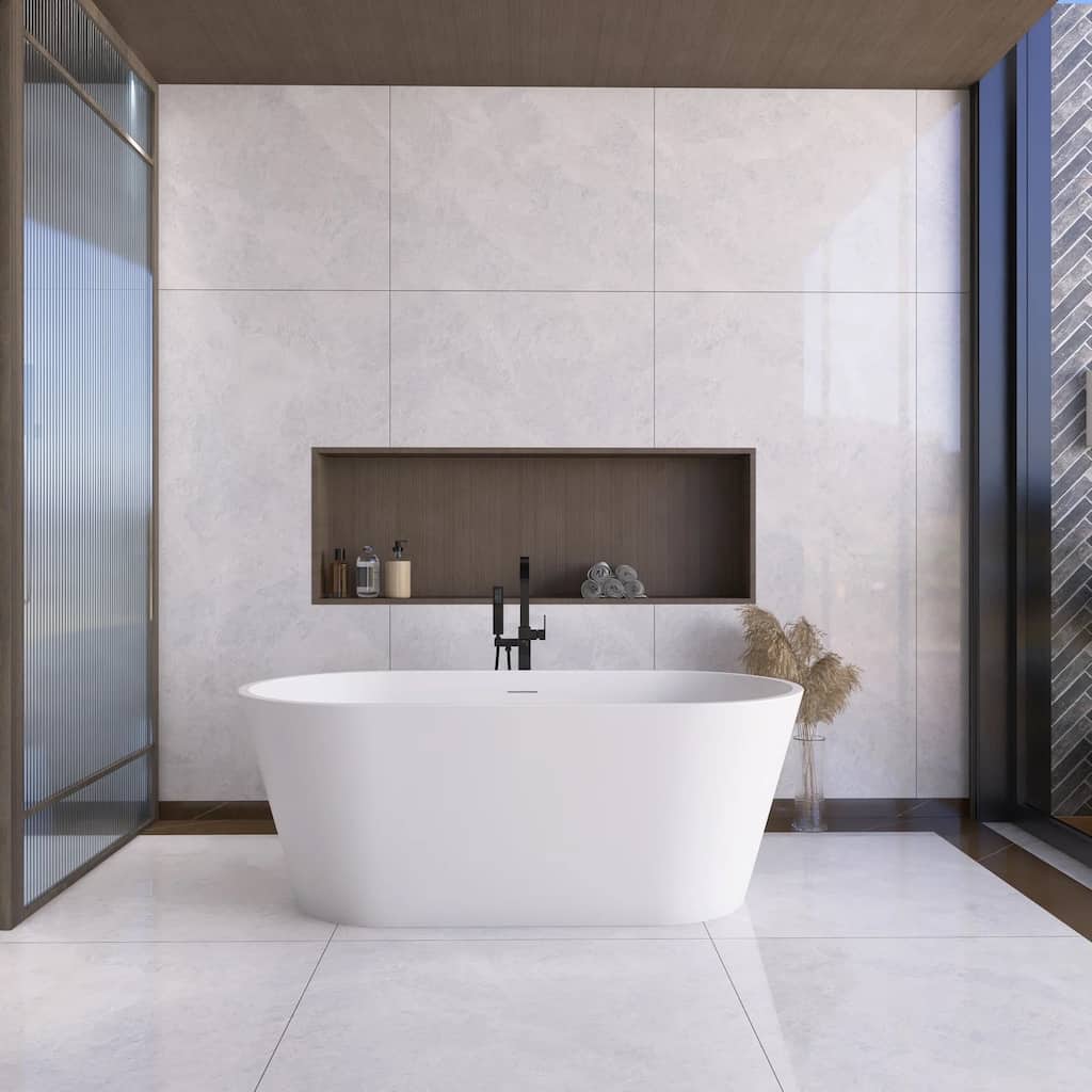 63 Inch Solid Surface Stone Resin Freestanding Soaking Bathtub in Matte White