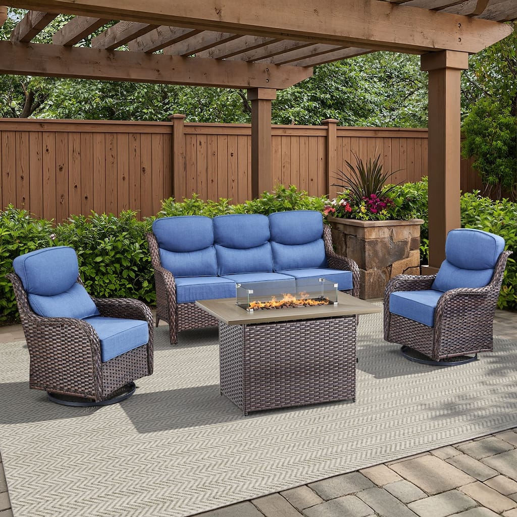 Arcadia 4-Piece Wicker Outdoor Patio Fire Pit Sofa Set with 6-Inch Thick Cushions