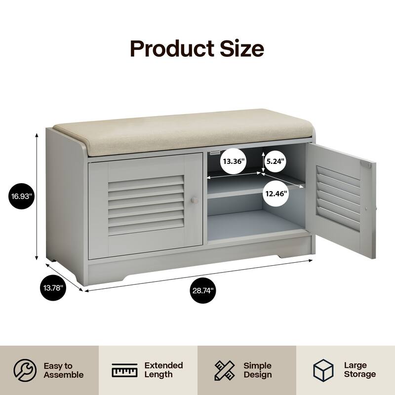 28.74" Shoe Storage Bench with 2 Door Cabinet, Grey Entryway Bench Indoor Bench with Padded Seat and Adjustable Shelves