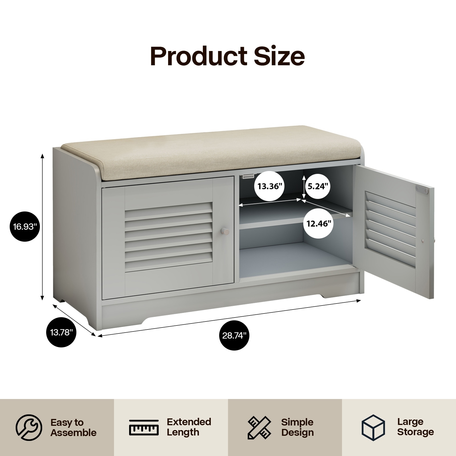 Shoe Storage Bench With Two Door Cabinet And Adjustable Shelves For Entryway
