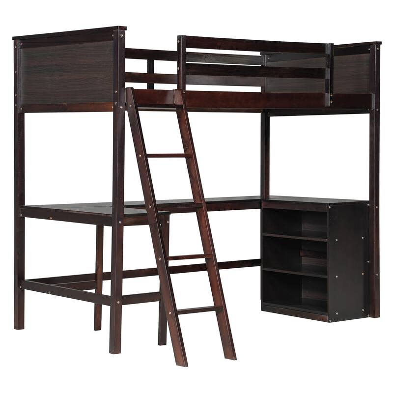 Roomfitters Twin Size Loft Bed with Shelves and Desk, Wooden Loft Bed with Desk