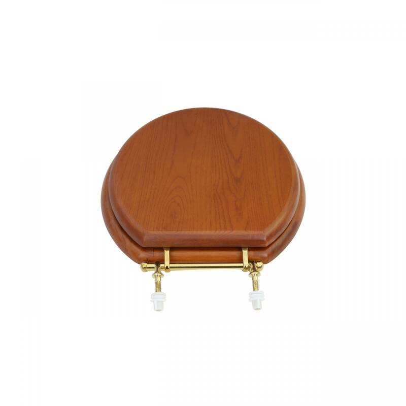 Light Mahogany Wooden Round Toilet Seat with Brass PVD Hinges and Non Slip Bumper